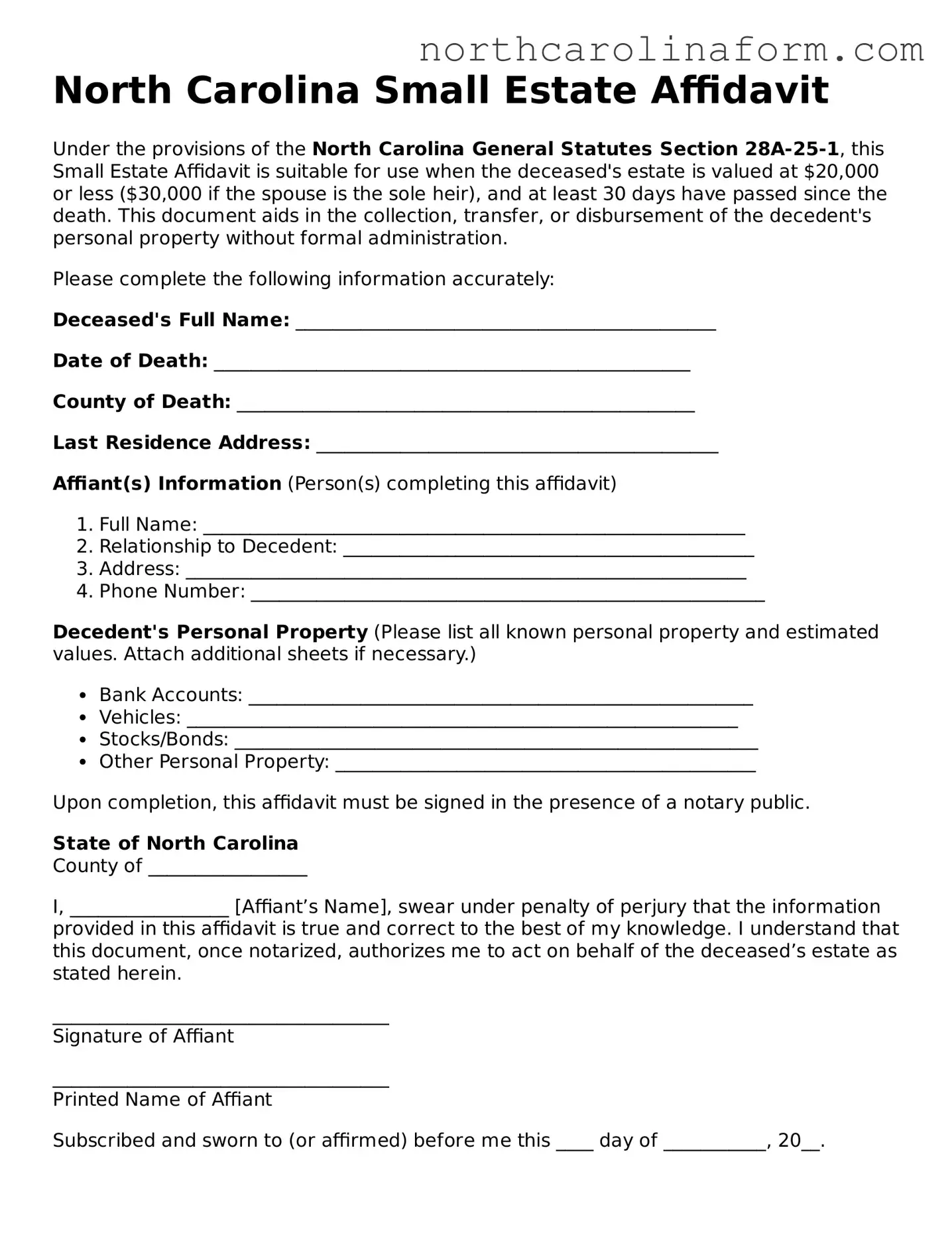 Attorney-Approved Small Estate Affidavit Template for the State of North Carolina