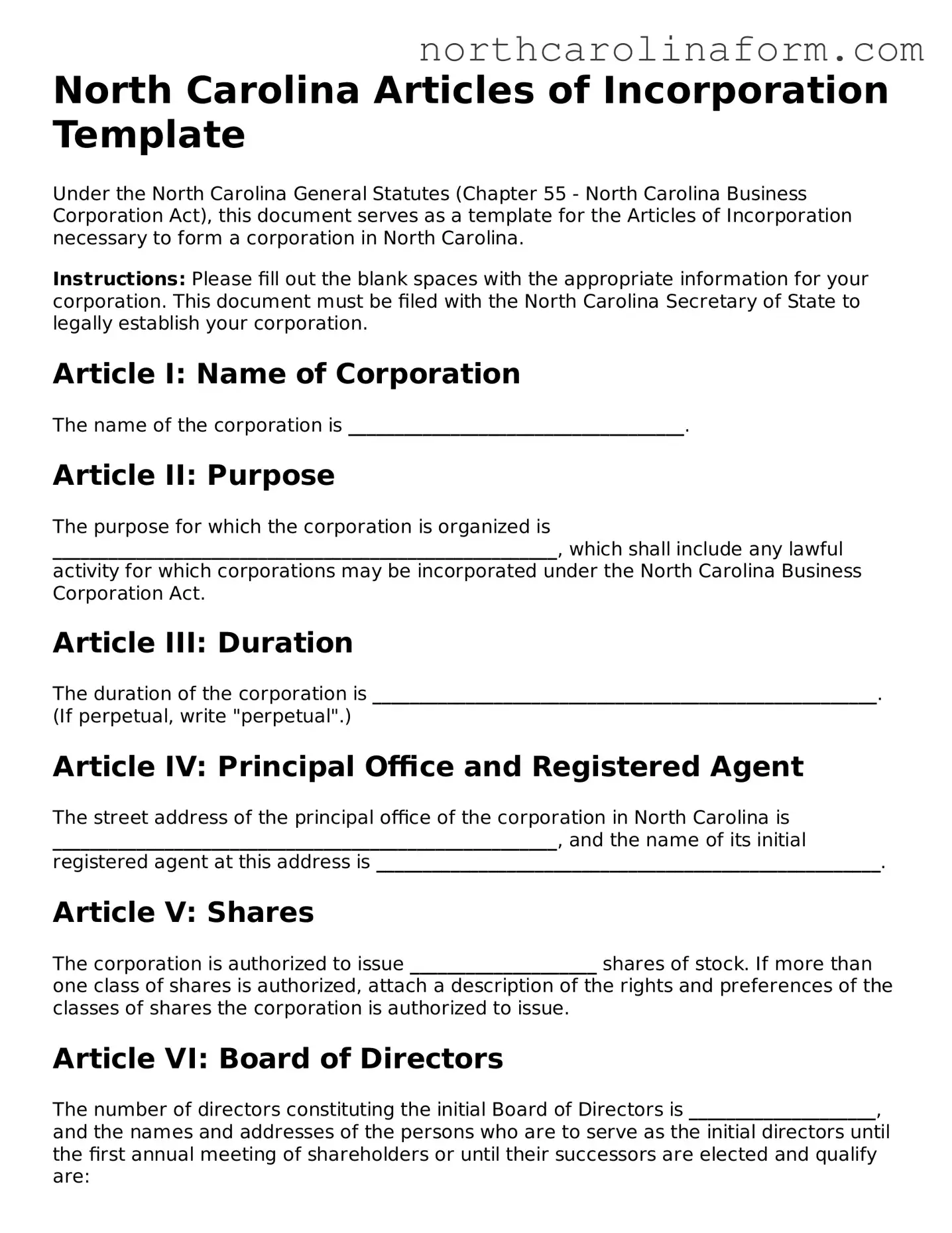 Attorney-Approved Articles of Incorporation Template for the State of North Carolina