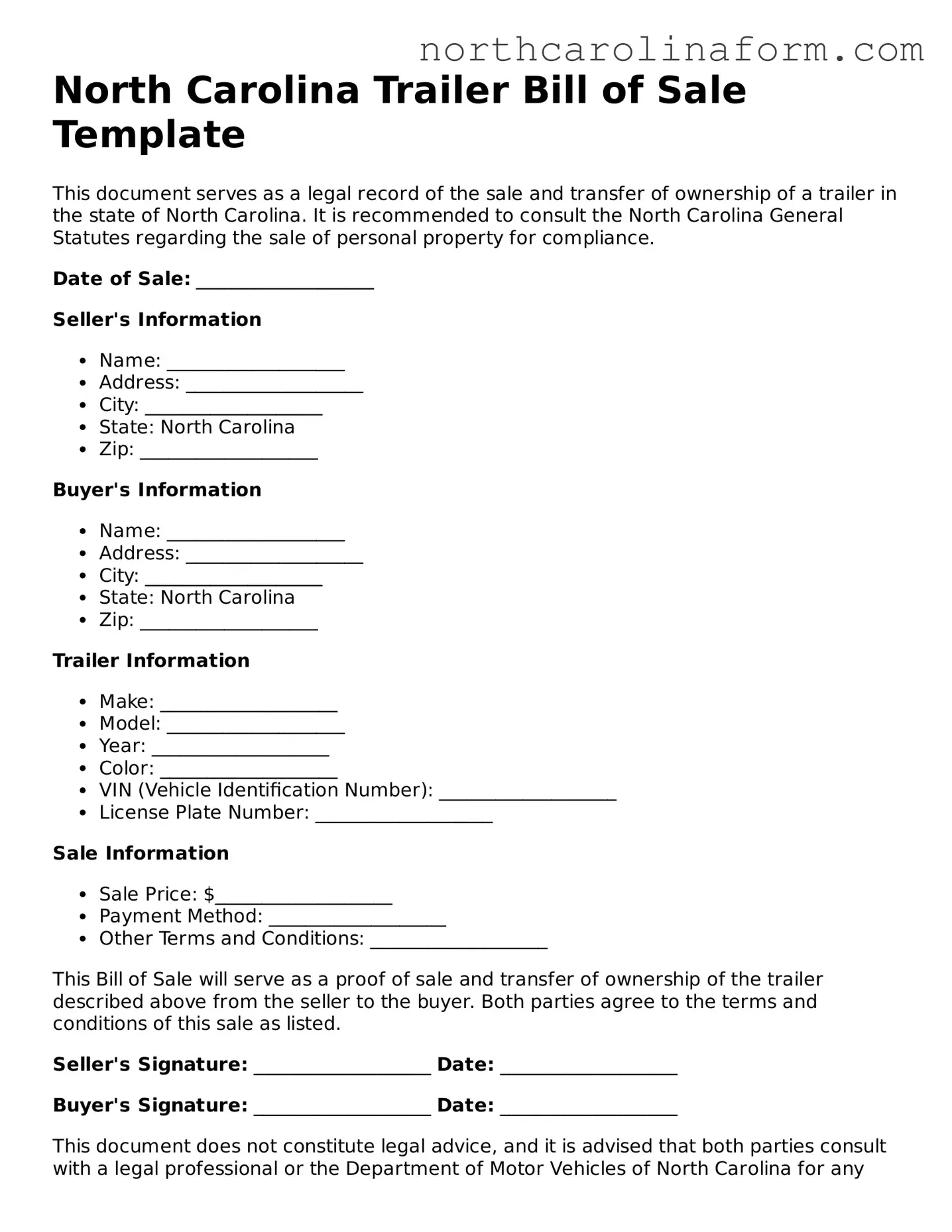 Attorney-Approved Trailer Bill of Sale Template for the State of North Carolina