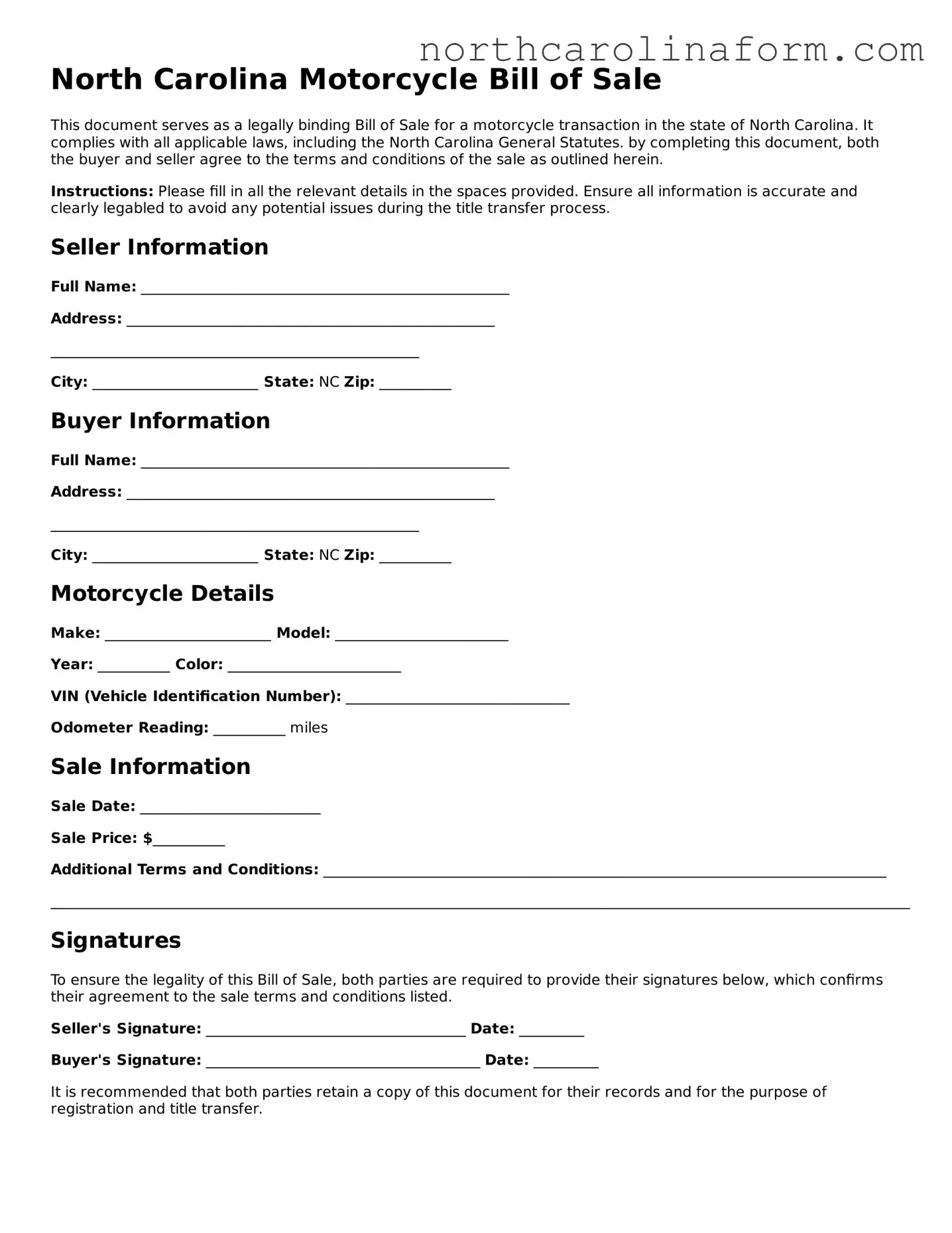 Attorney-Approved Motorcycle Bill of Sale Template for the State of North Carolina
