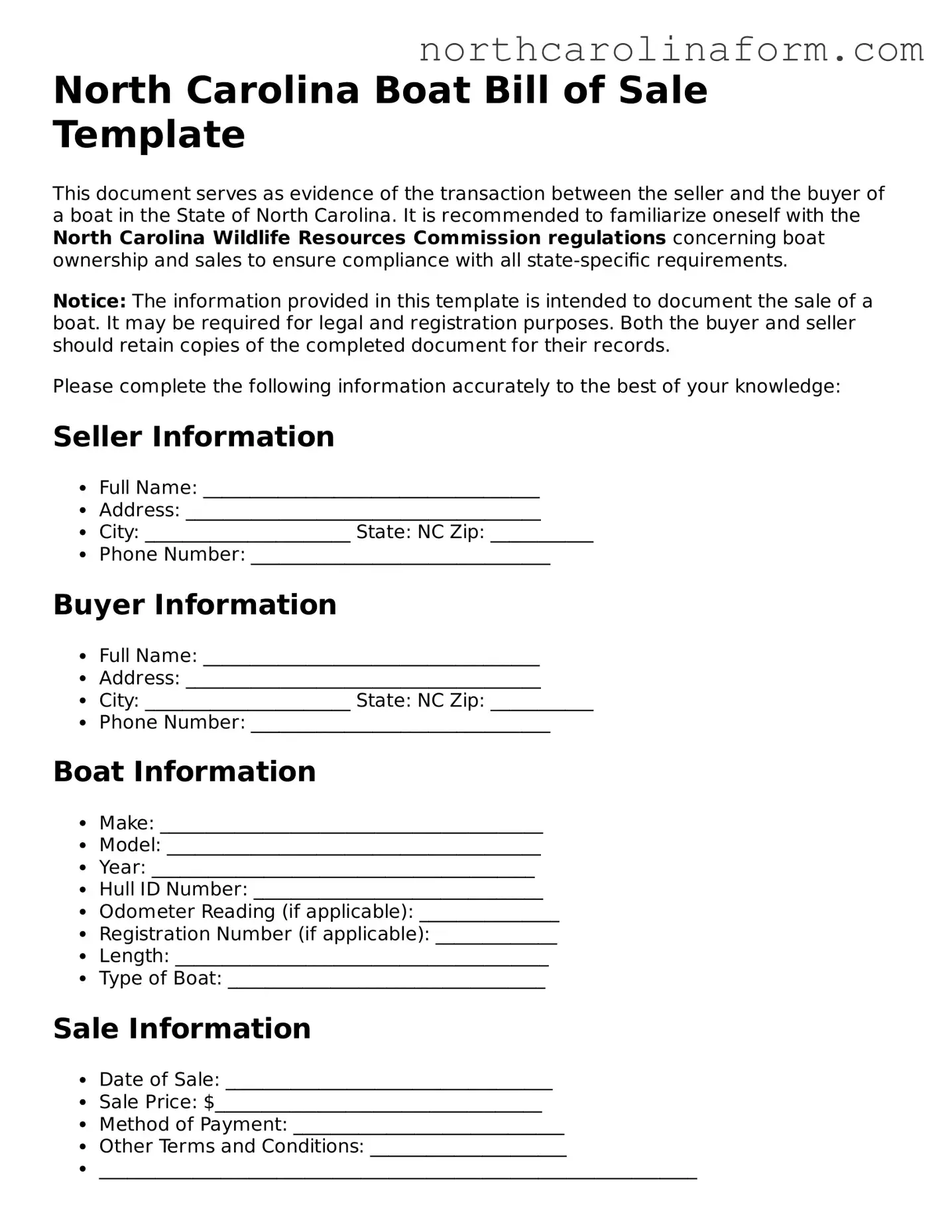 Attorney-Approved Boat Bill of Sale Template for the State of North Carolina