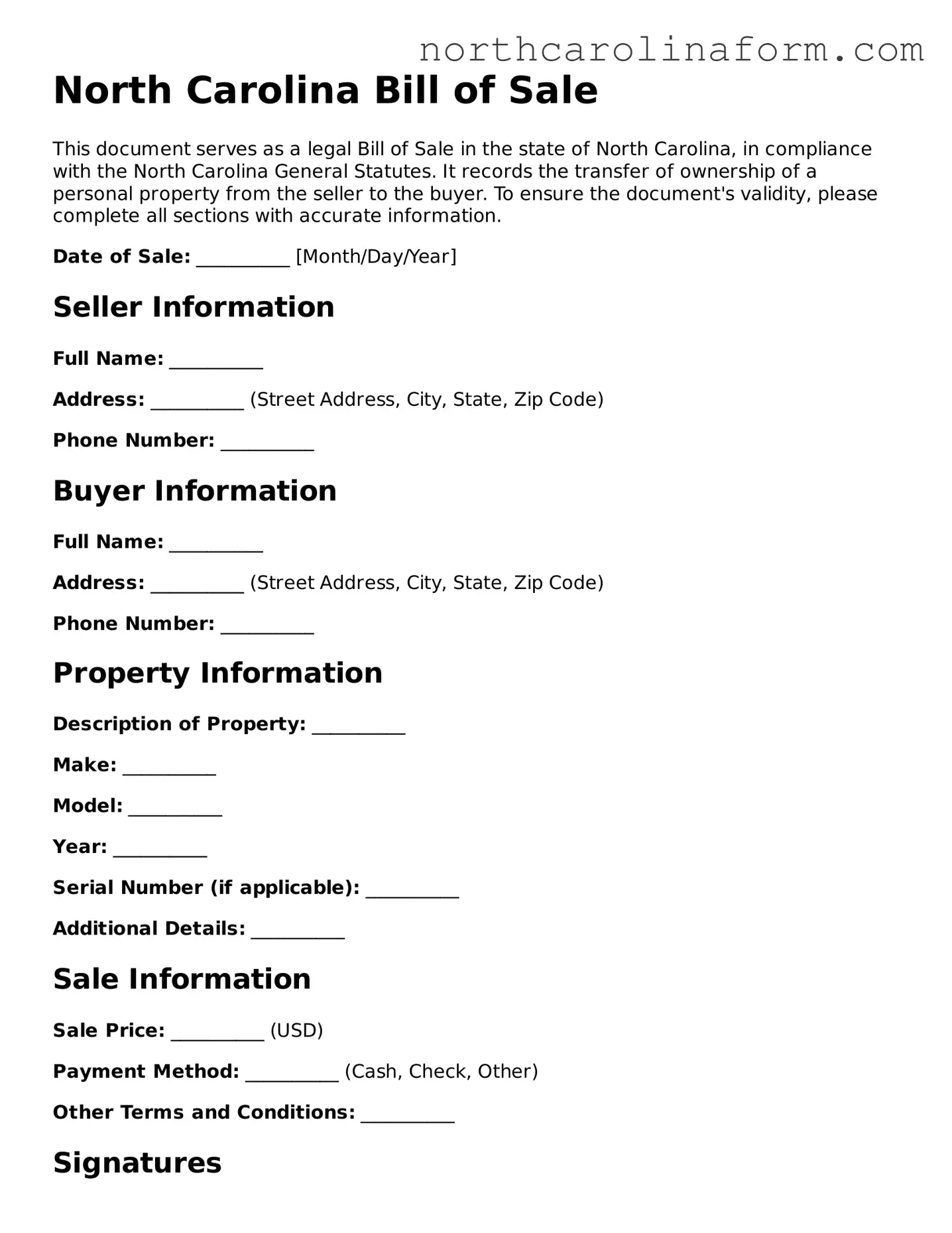 Attorney-Approved Bill of Sale Template for the State of North Carolina