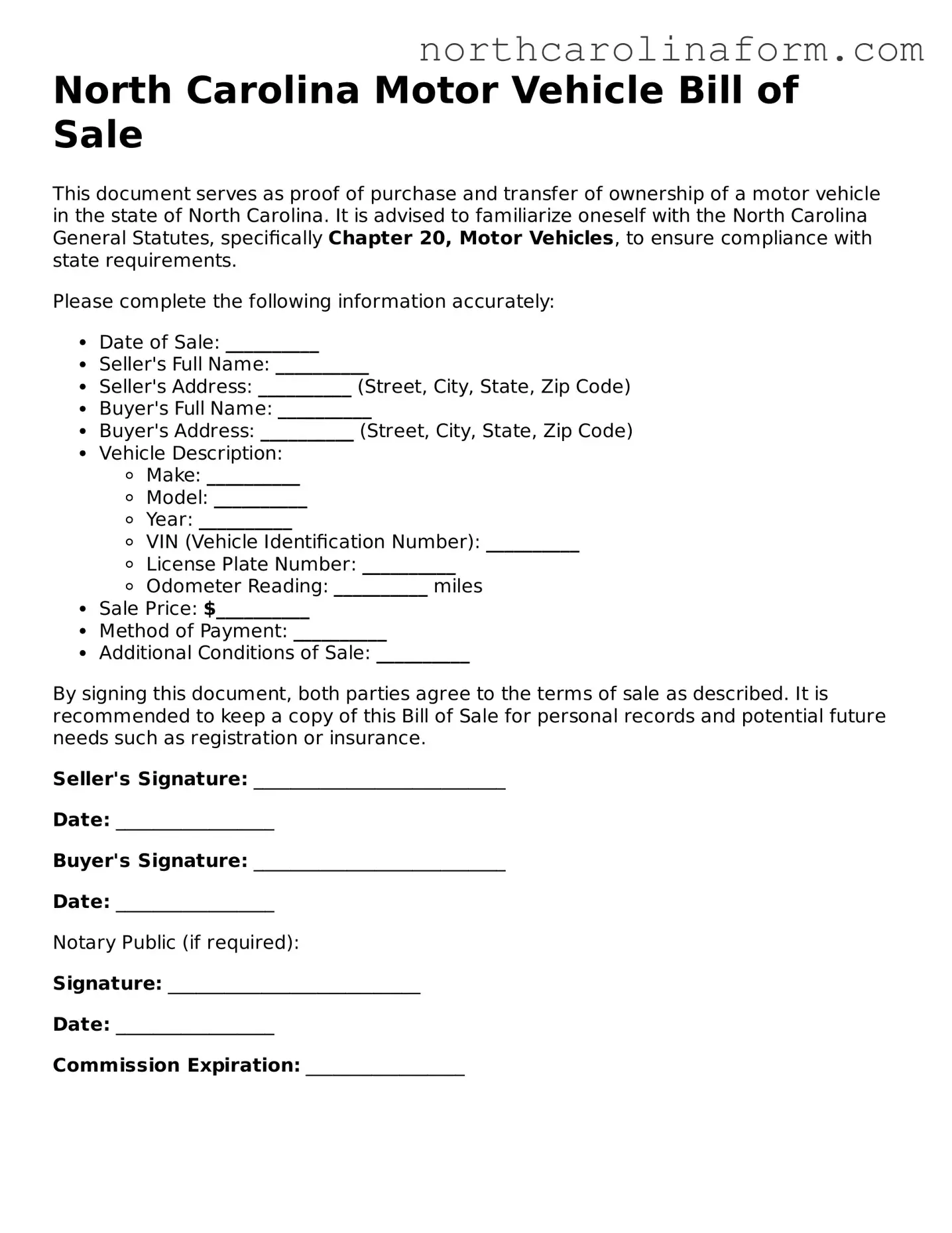Attorney-Approved Motor Vehicle Bill of Sale Template for the State of North Carolina