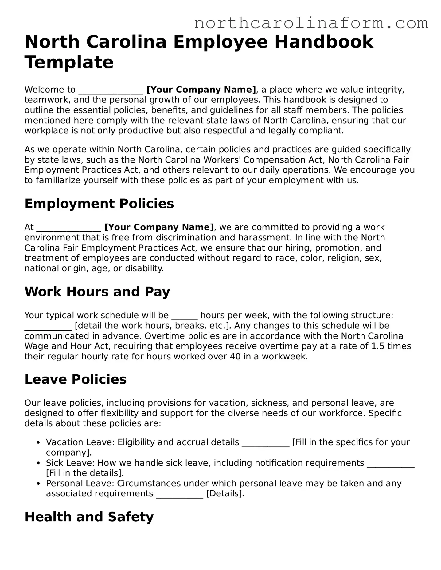 Attorney-Approved Employee Handbook Template for the State of North Carolina