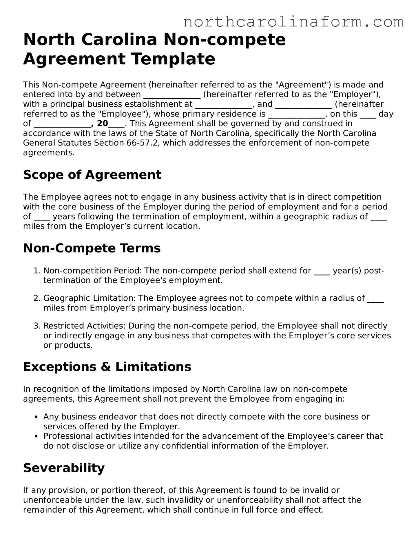 Attorney-Approved Non-compete Agreement Template for the State of North Carolina