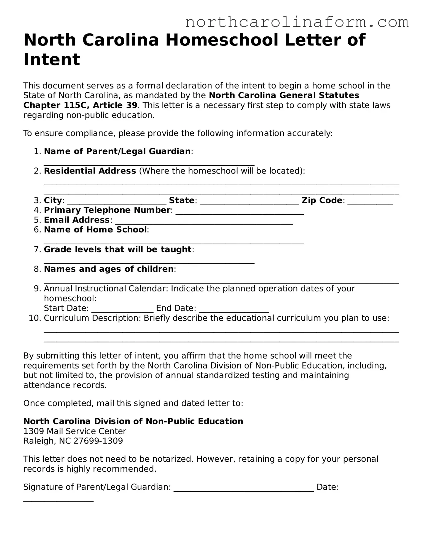 Attorney-Approved Homeschool Letter of Intent Template for the State of North Carolina