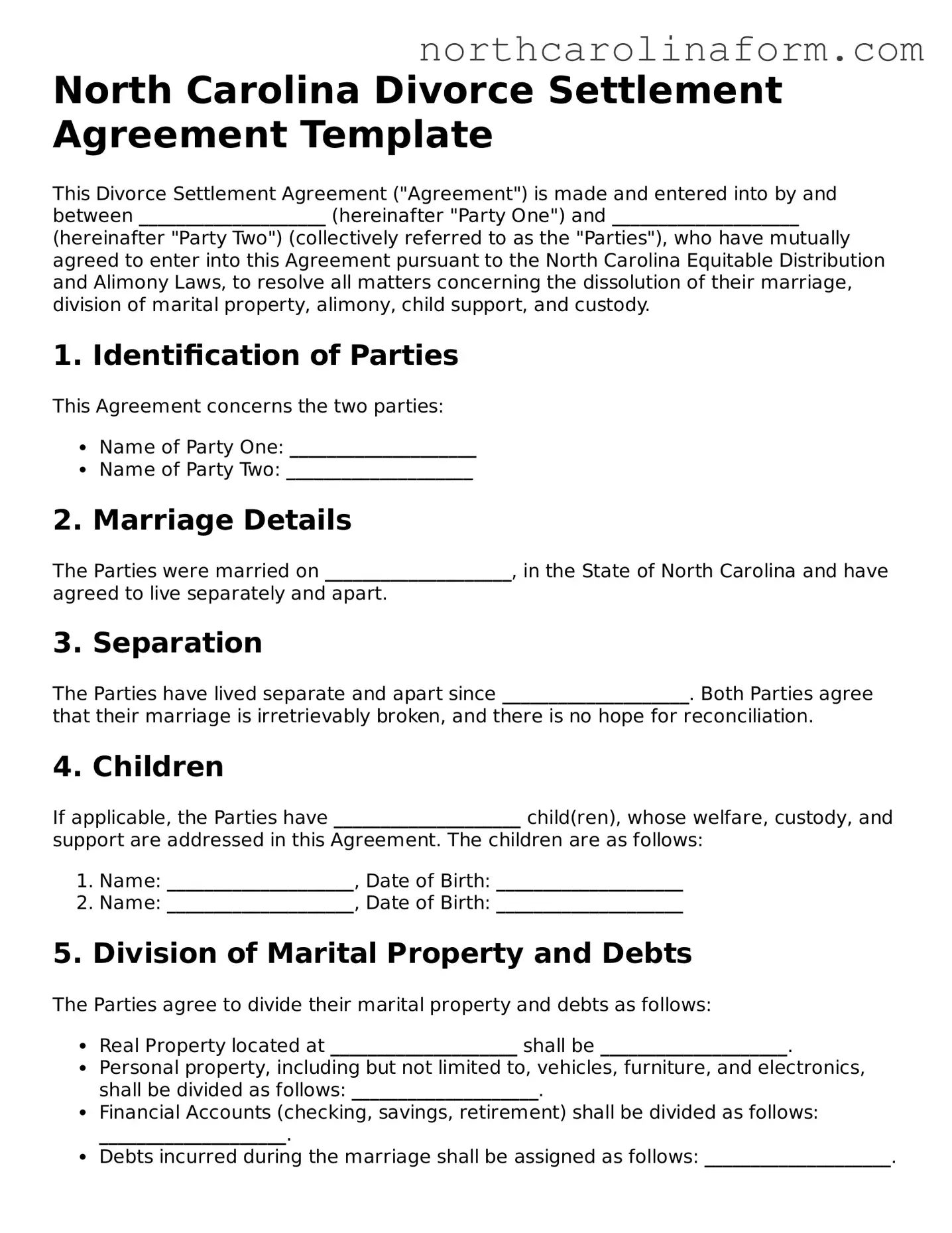Attorney-Approved Divorce Settlement Agreement Template for the State of North Carolina