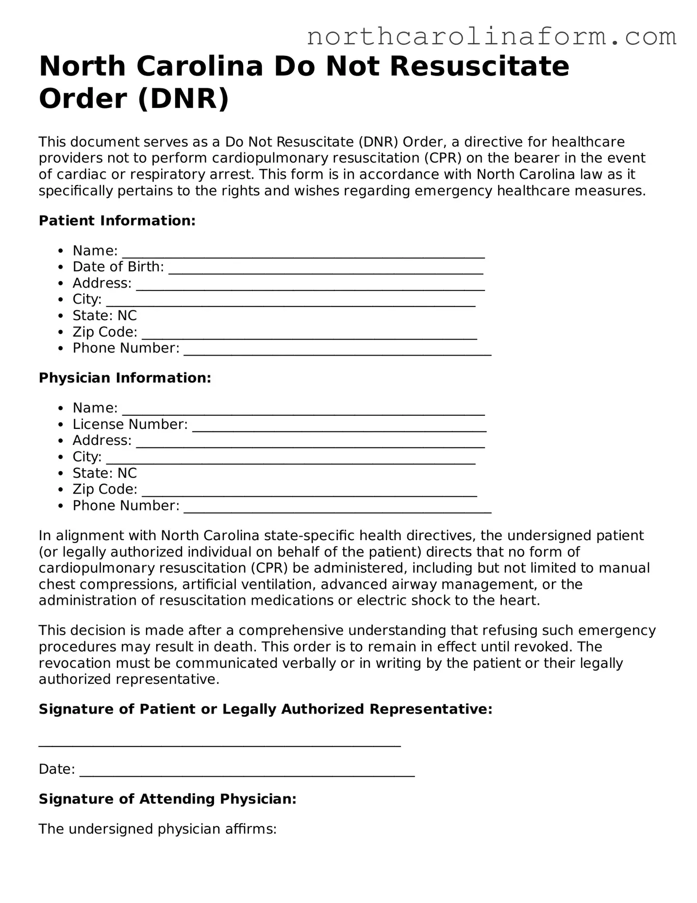 Attorney-Approved Do Not Resuscitate Order Template for the State of North Carolina