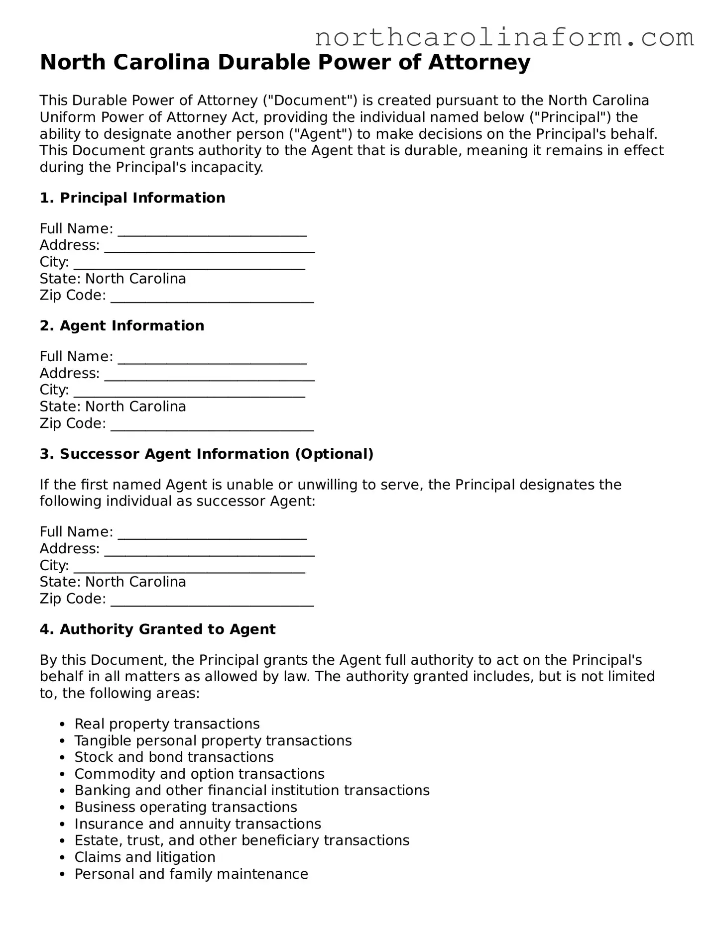 Attorney-Approved Durable Power of Attorney Template for the State of North Carolina