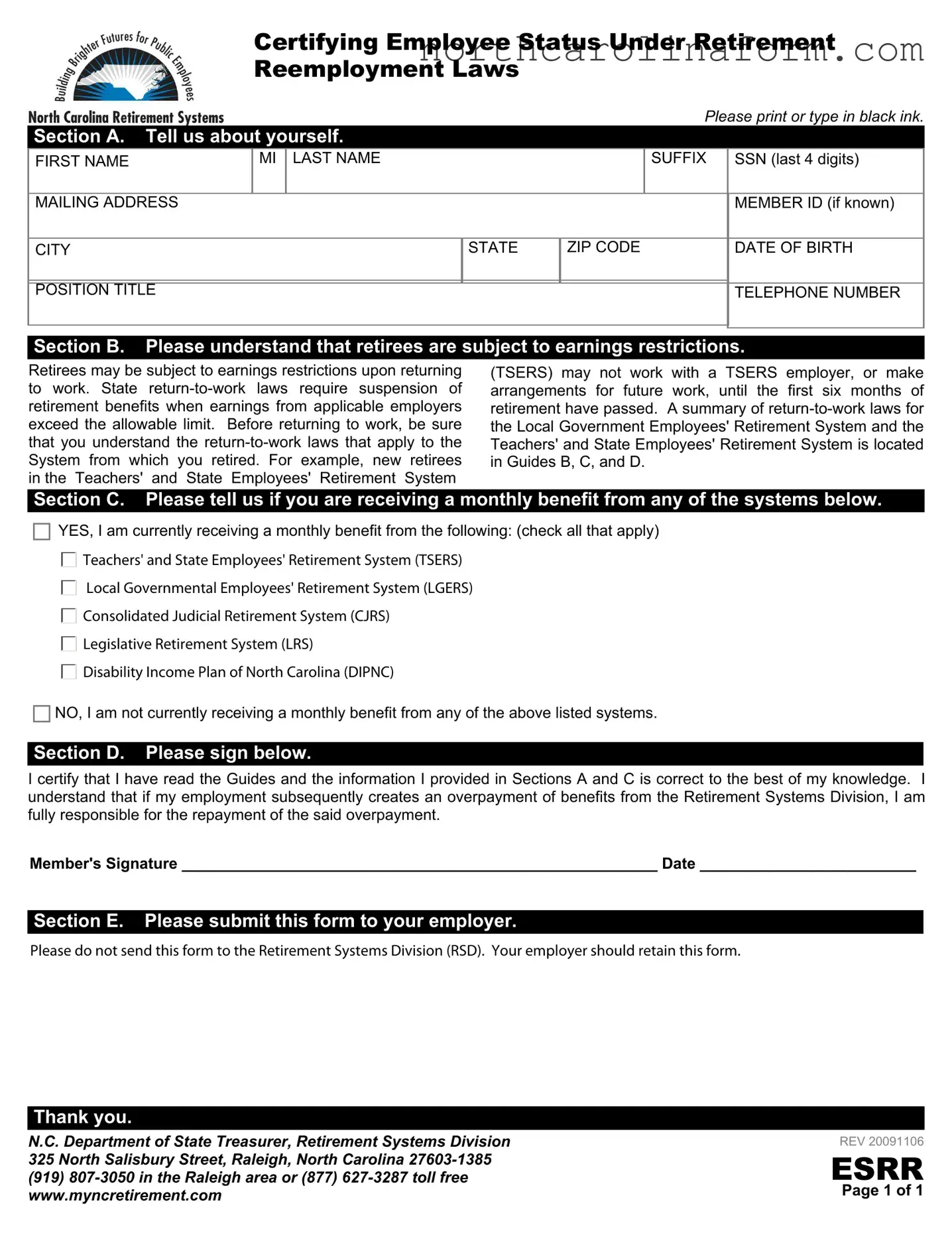 Blank North Carolina Esrr PDF Form