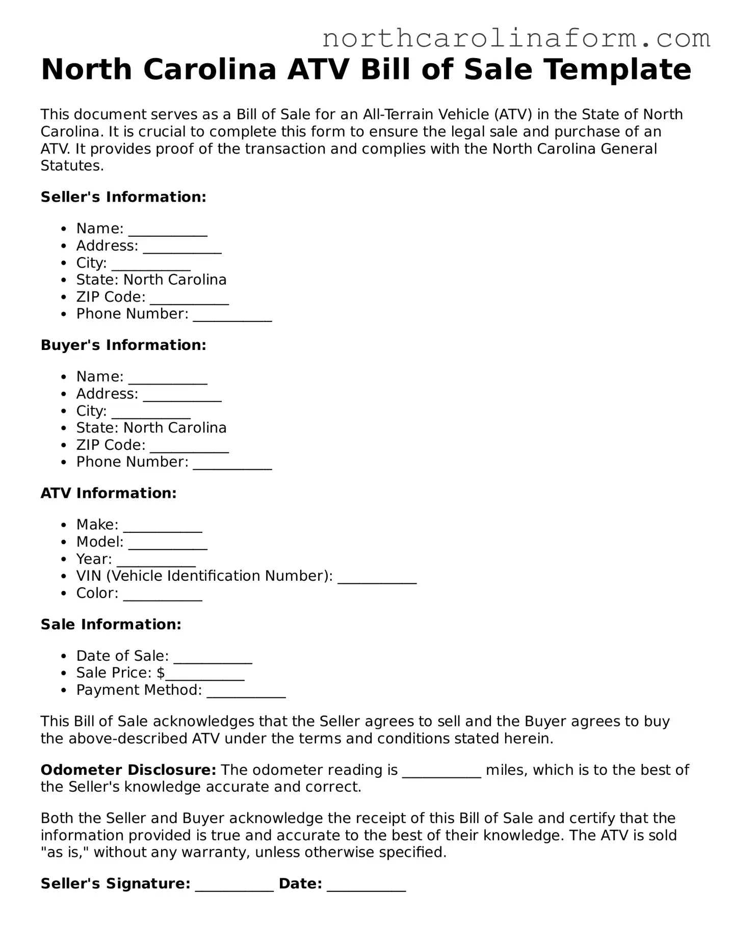 Attorney-Approved ATV Bill of Sale Template for the State of North Carolina