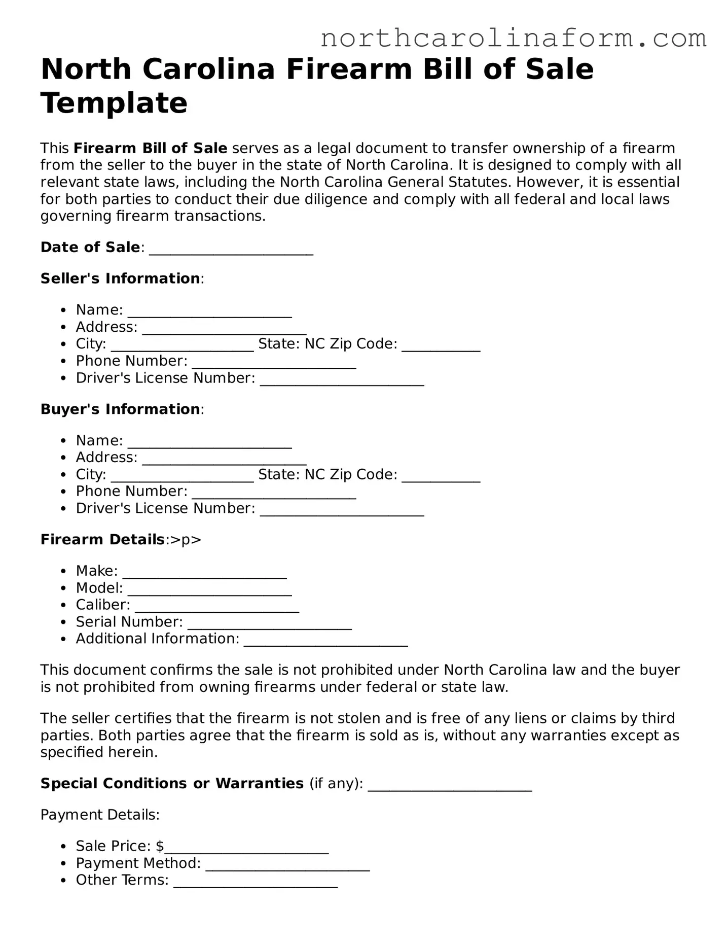 Attorney-Approved Firearm Bill of Sale Template for the State of North Carolina