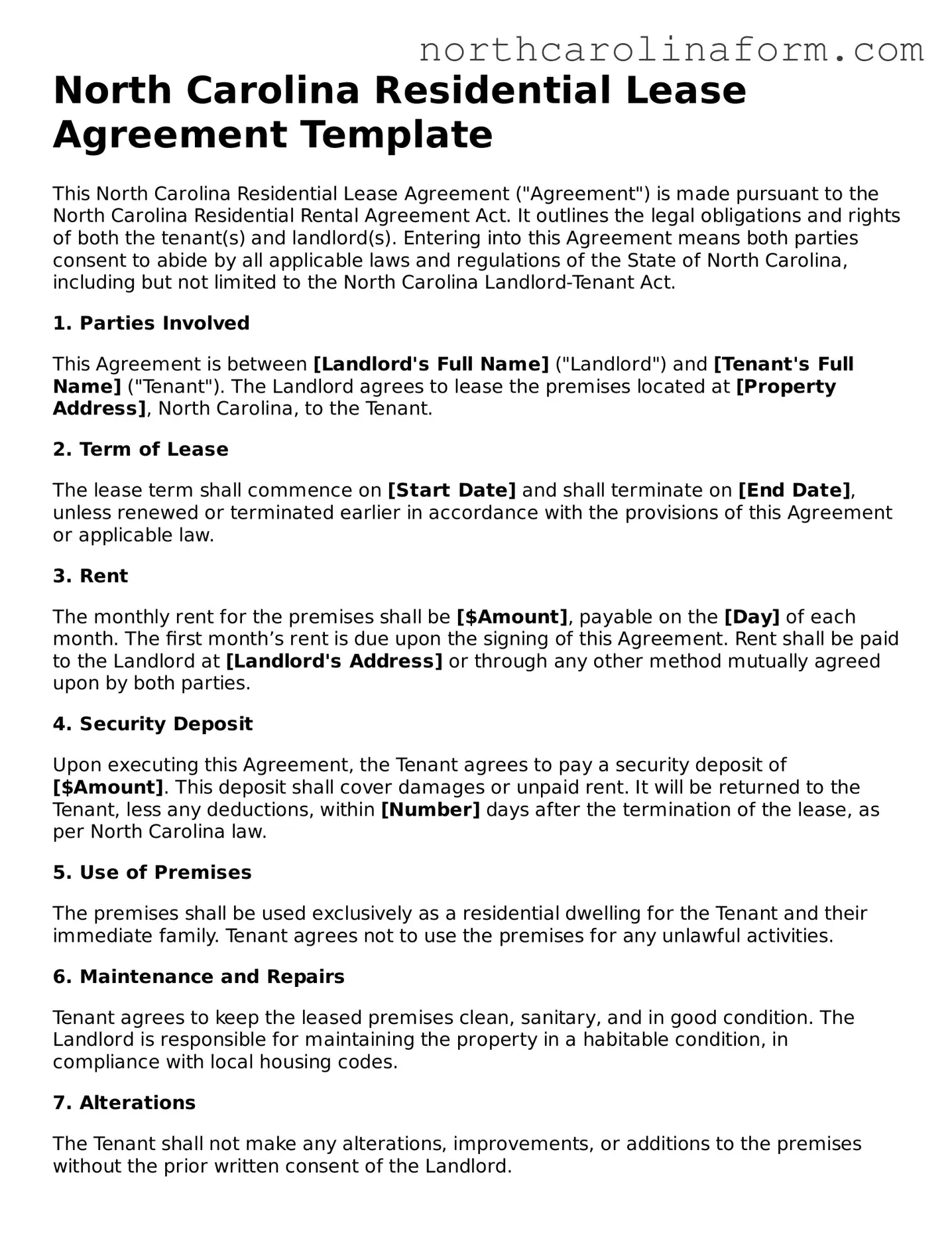 Attorney-Approved Residential Lease Agreement Template for the State of North Carolina