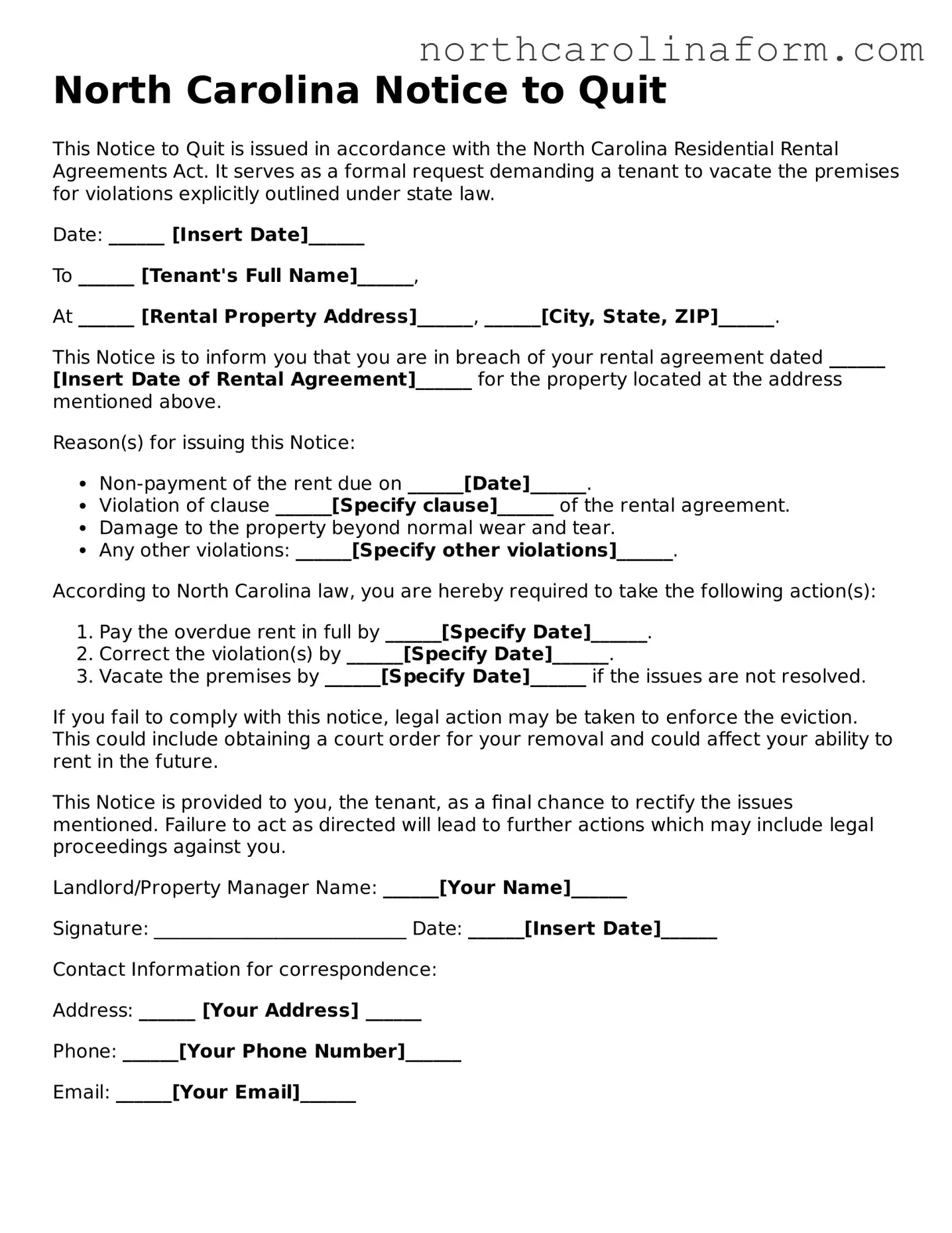 Attorney-Approved Notice to Quit Template for the State of North Carolina