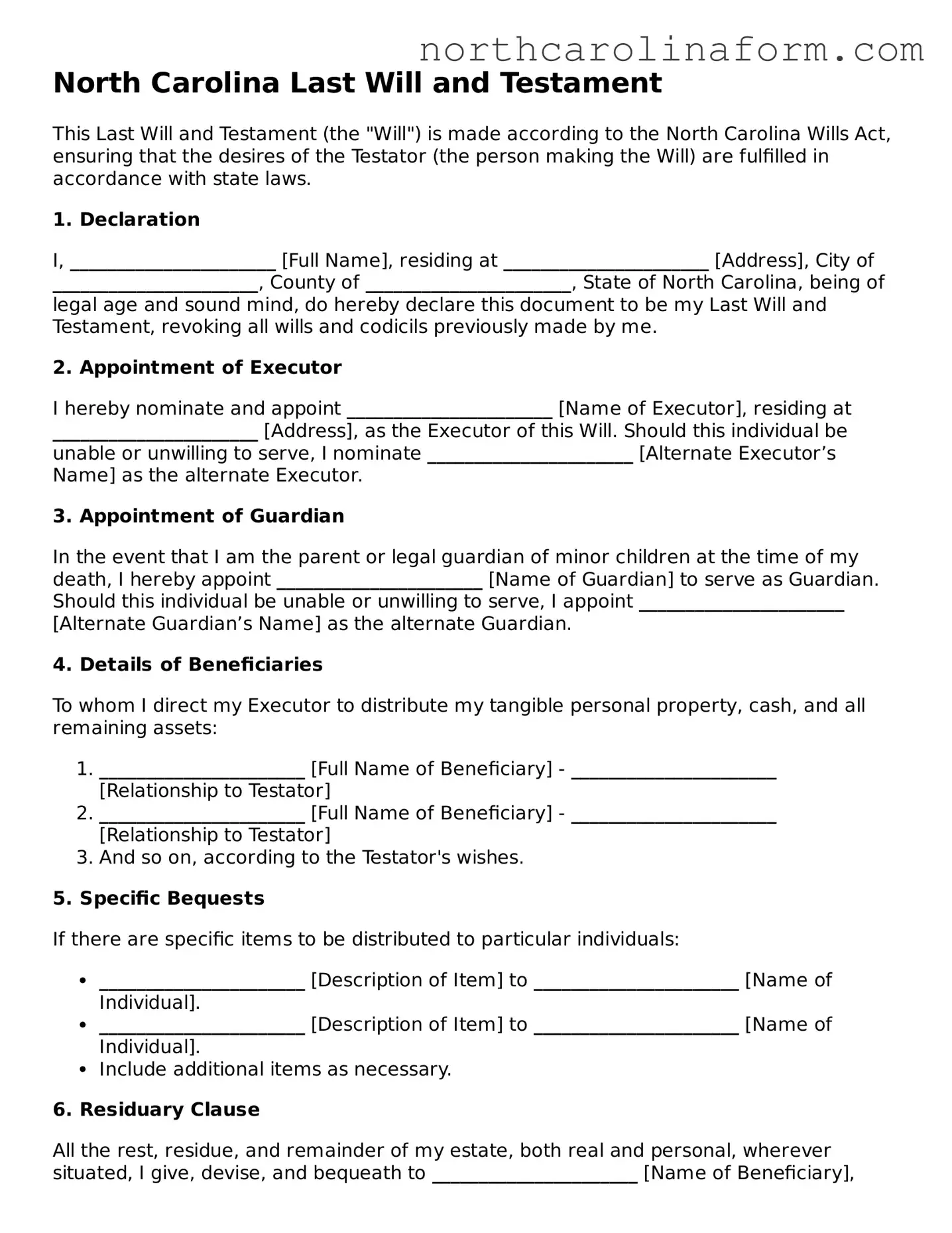 Attorney-Approved Last Will and Testament Template for the State of North Carolina