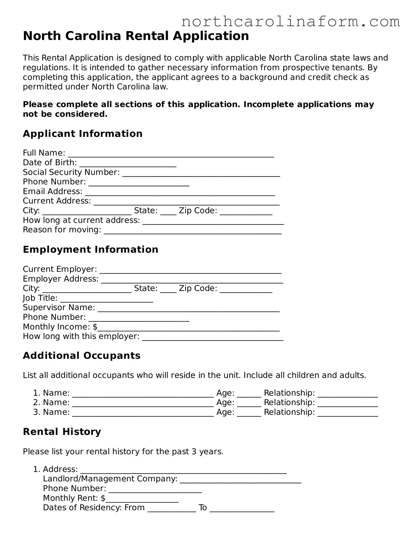 Attorney-Approved Rental Application Template for the State of North Carolina