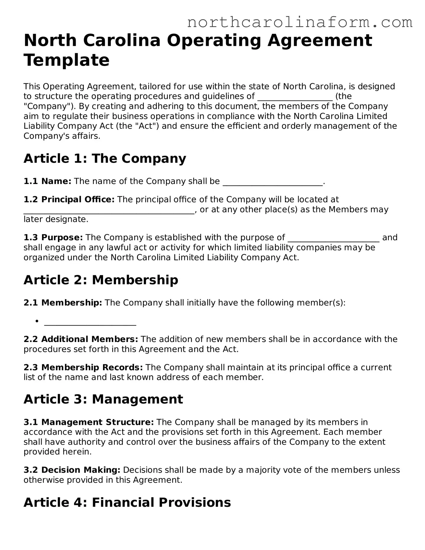 Attorney-Approved Operating Agreement Template for the State of North Carolina