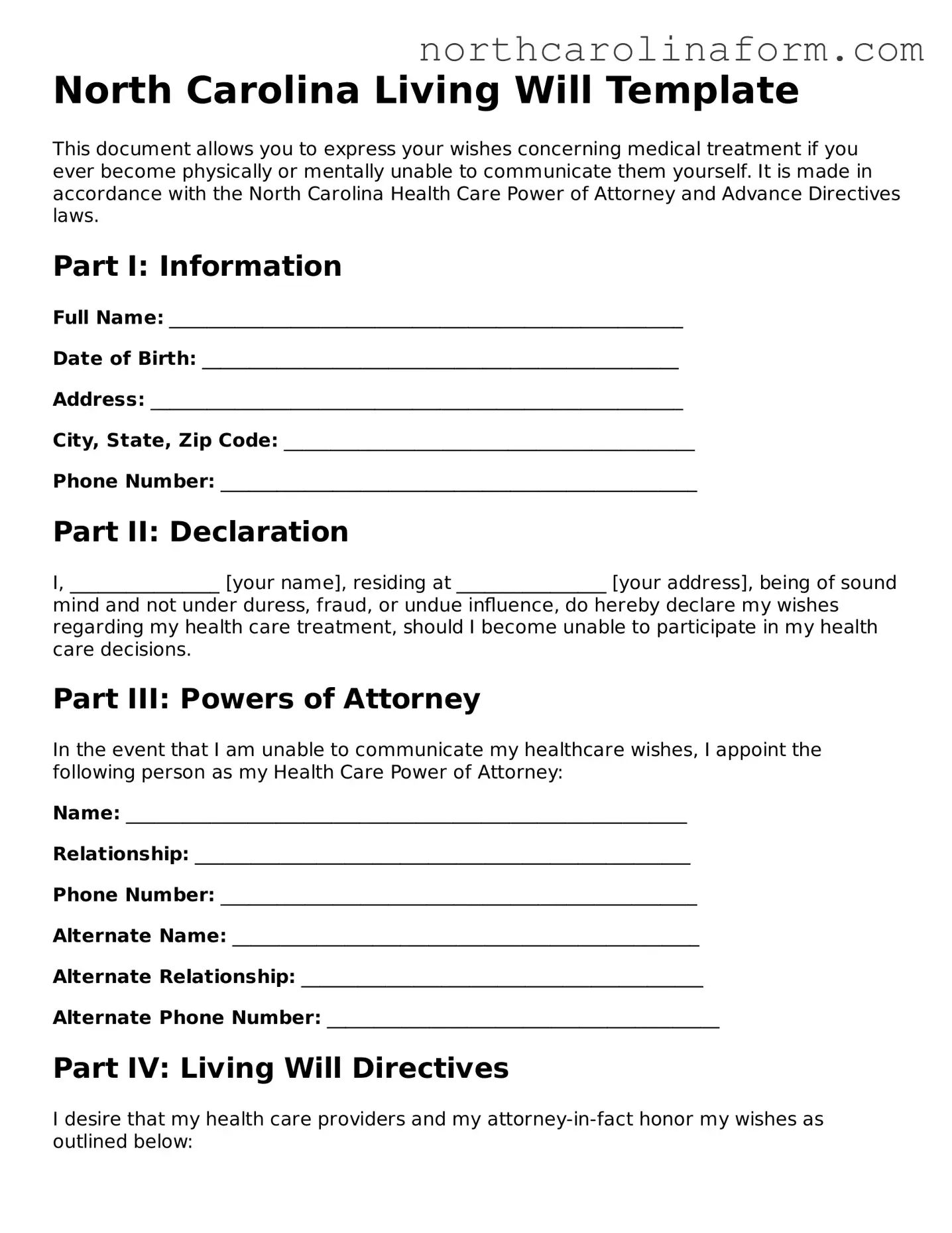Attorney-Approved Living Will Template for the State of North Carolina