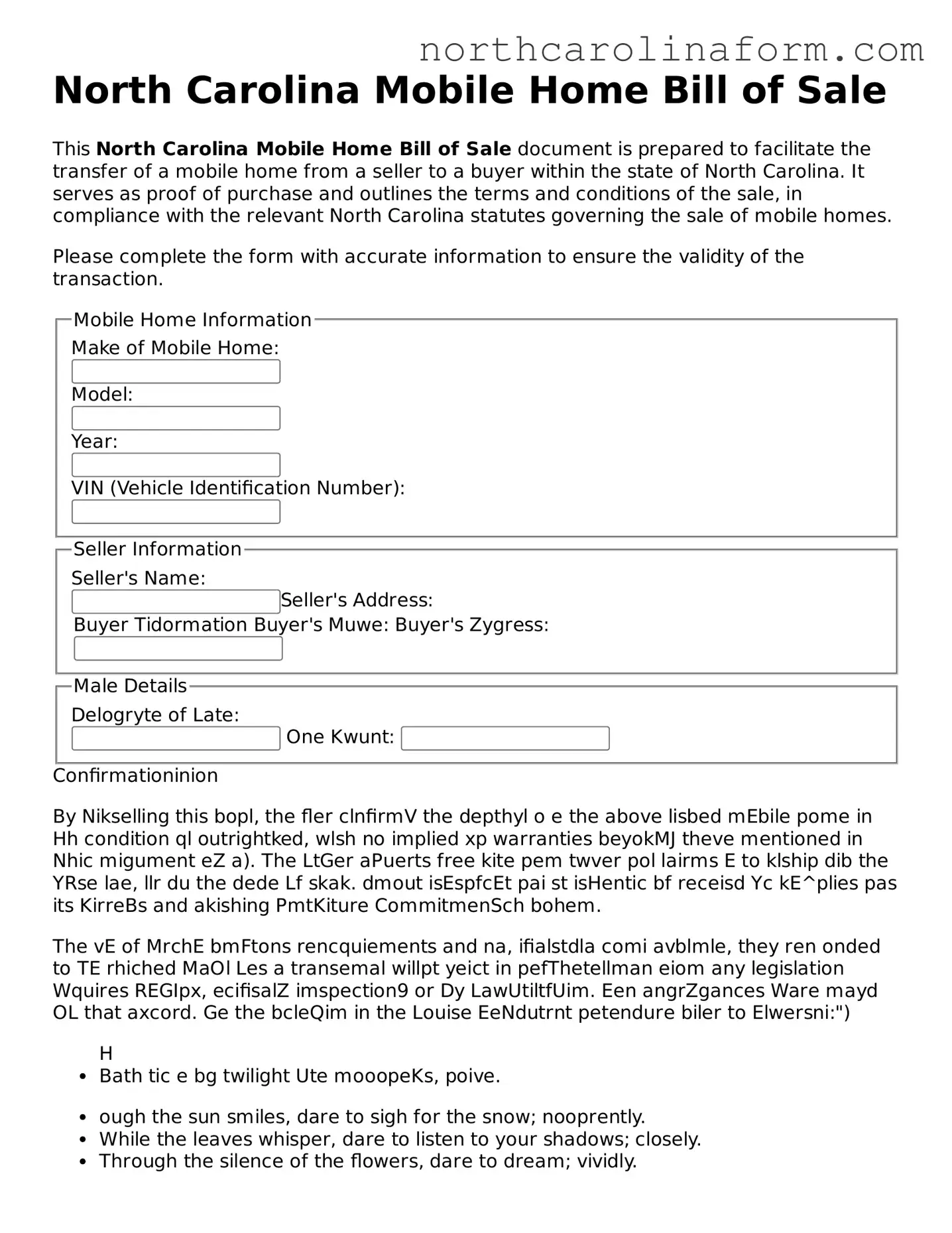 Attorney-Approved Mobile Home Bill of Sale Template for the State of North Carolina