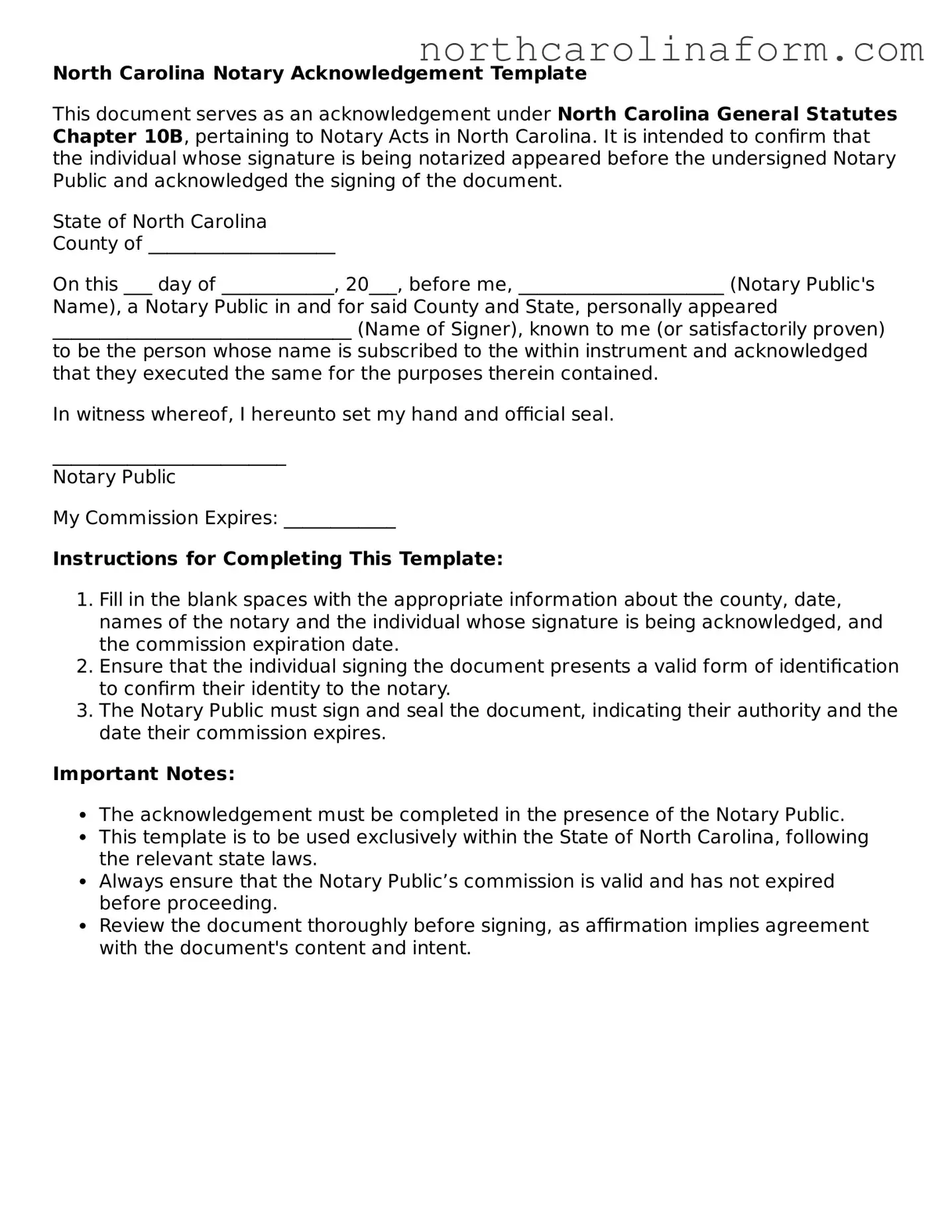 Attorney-Approved Notary Acknowledgement Template for the State of North Carolina