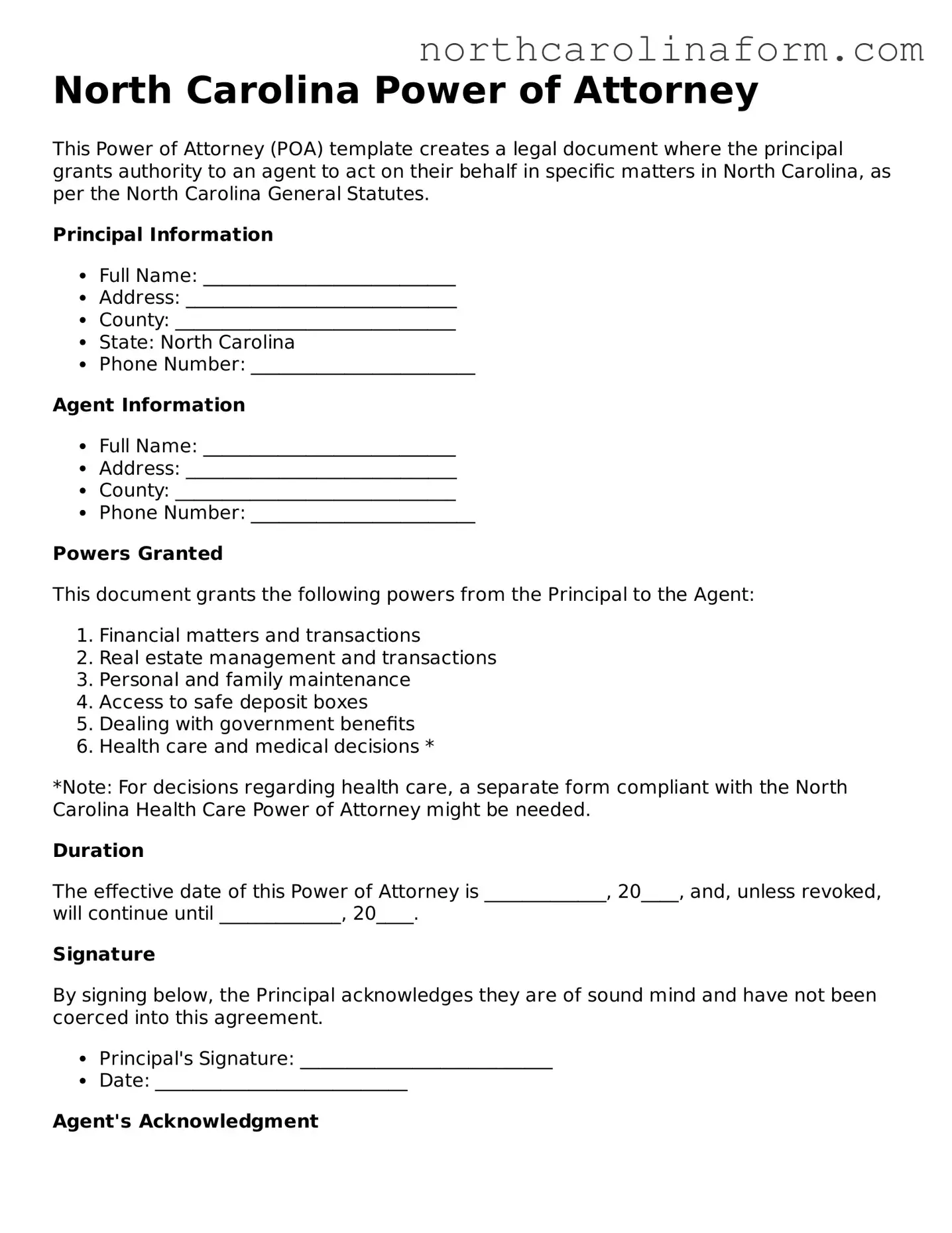 Attorney-Approved Power of Attorney Template for the State of North Carolina