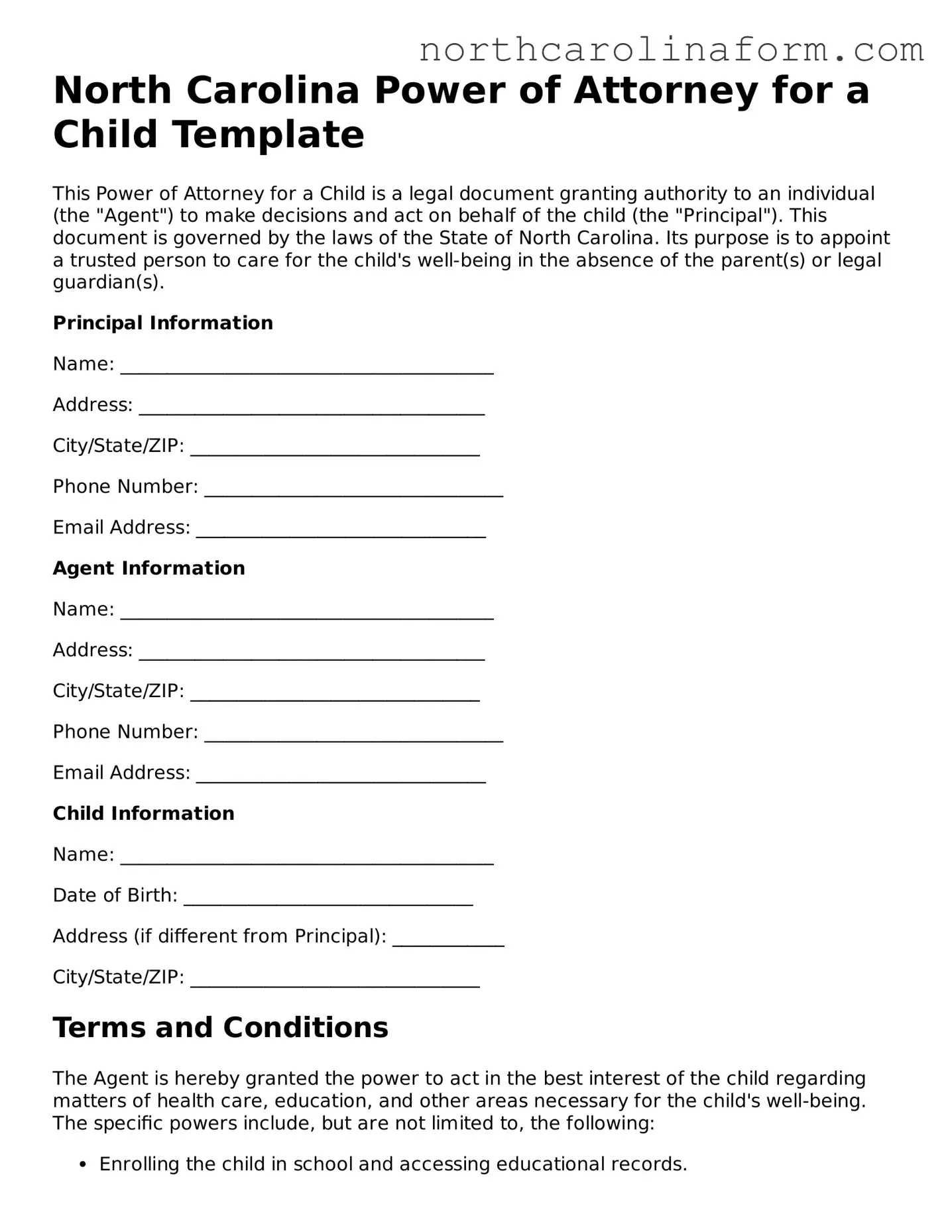Attorney-Approved Power of Attorney for a Child Template for the State of North Carolina
