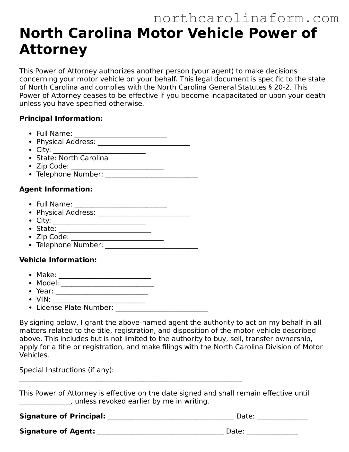 Attorney-Approved Motor Vehicle Power of Attorney Template for the State of North Carolina