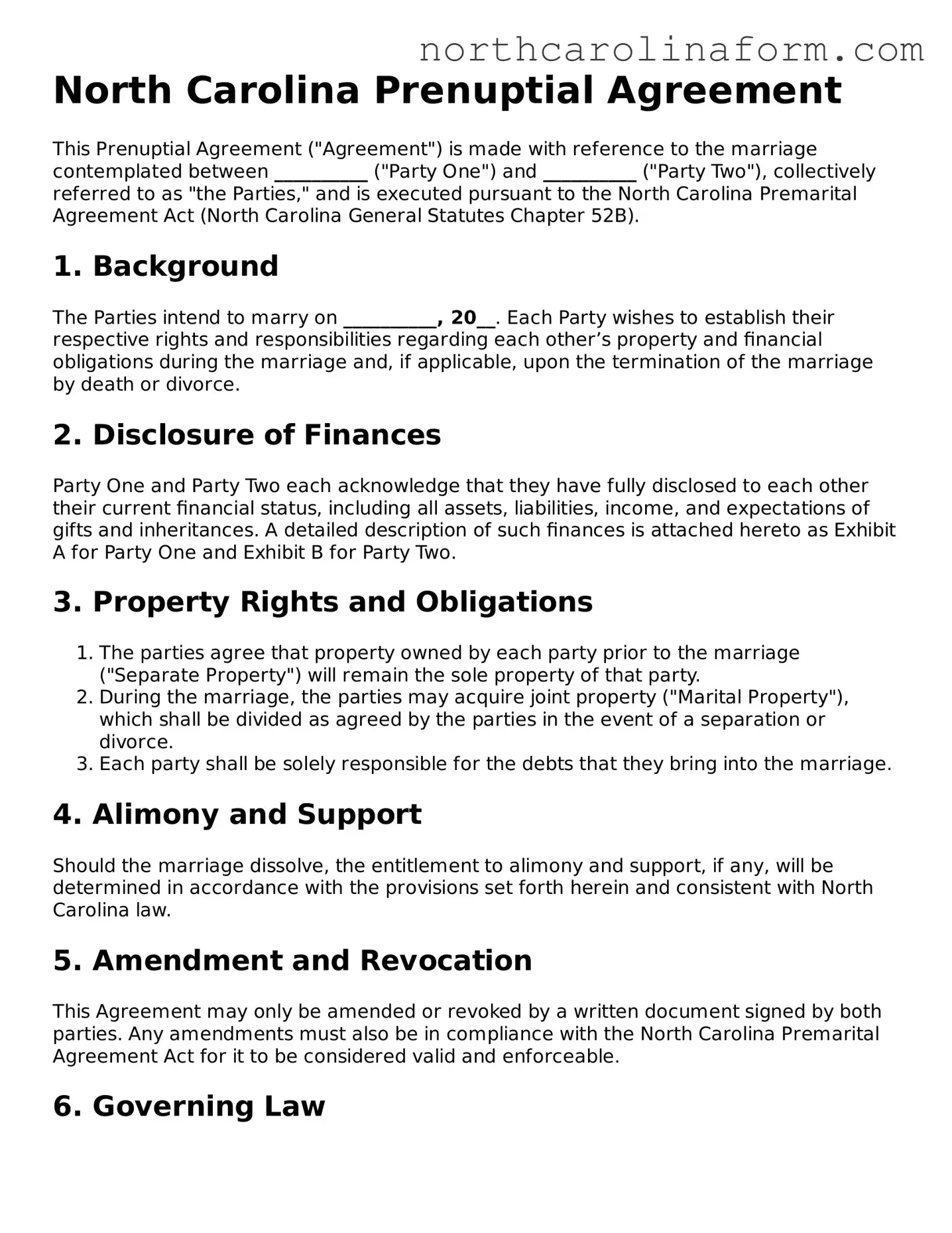 Attorney-Approved Prenuptial Agreement Template for the State of North Carolina