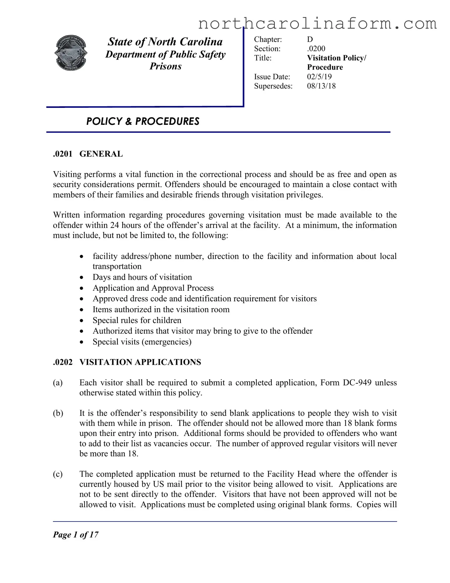 Blank North Carolina Prison Application PDF Form