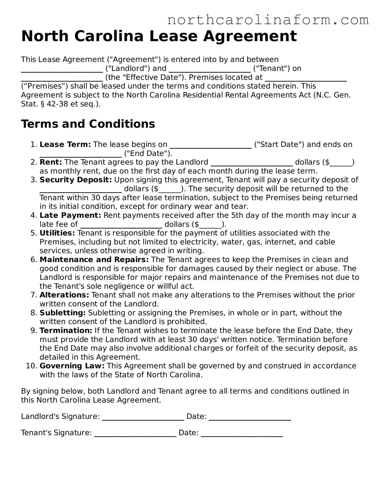 Attorney-Approved Lease Agreement Template for the State of North Carolina