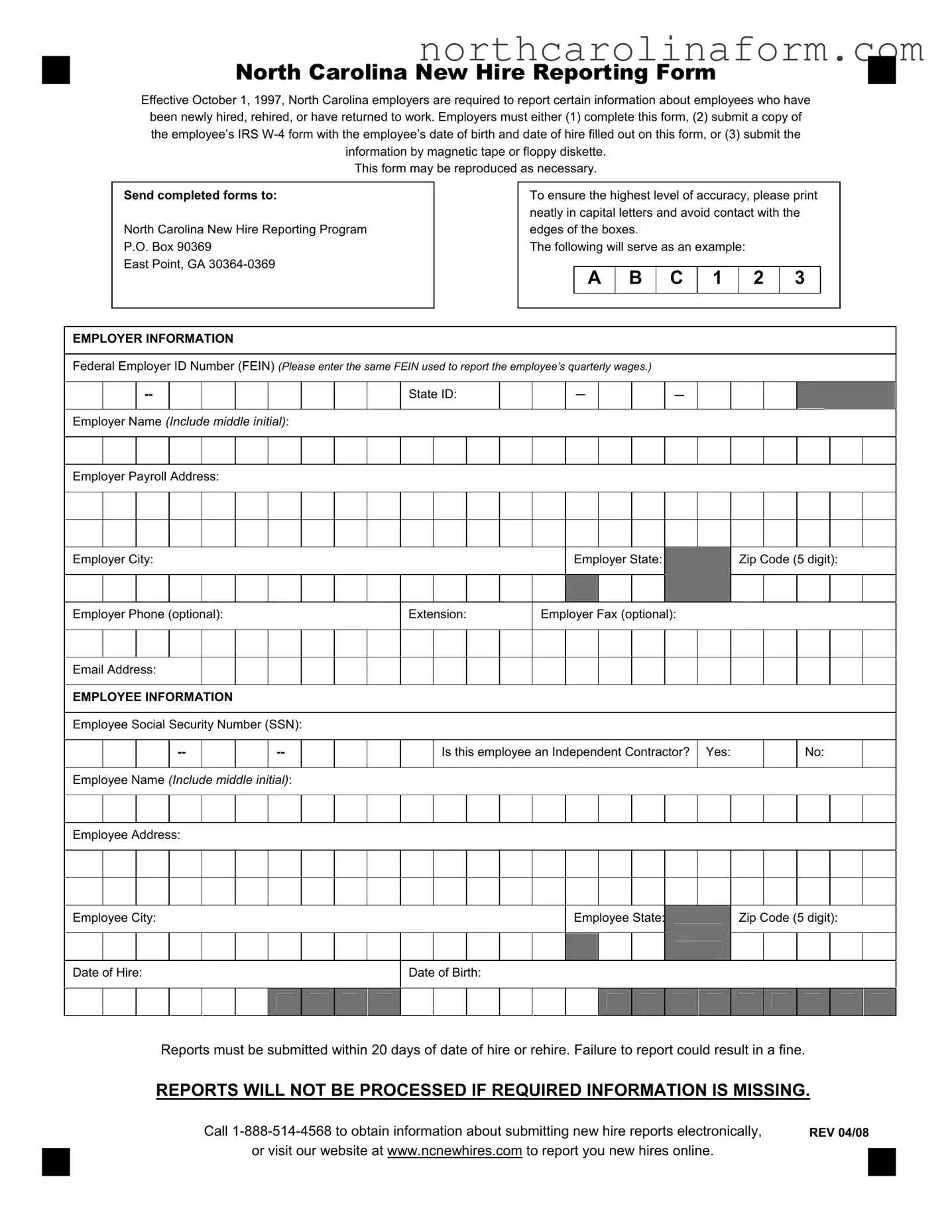 Blank North Carolina Reporting PDF Form