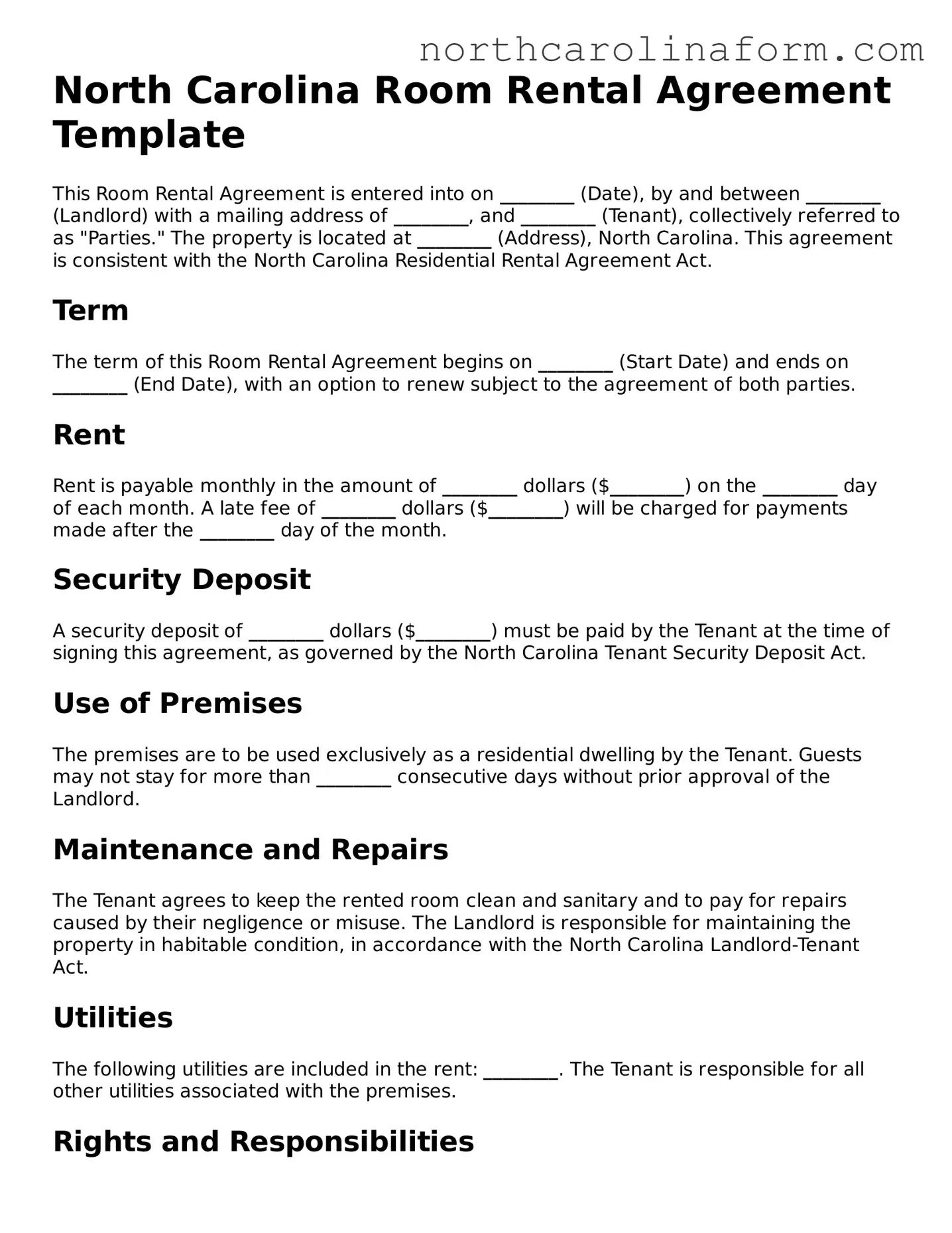 Attorney-Approved Room Rental Agreement Template for the State of North Carolina