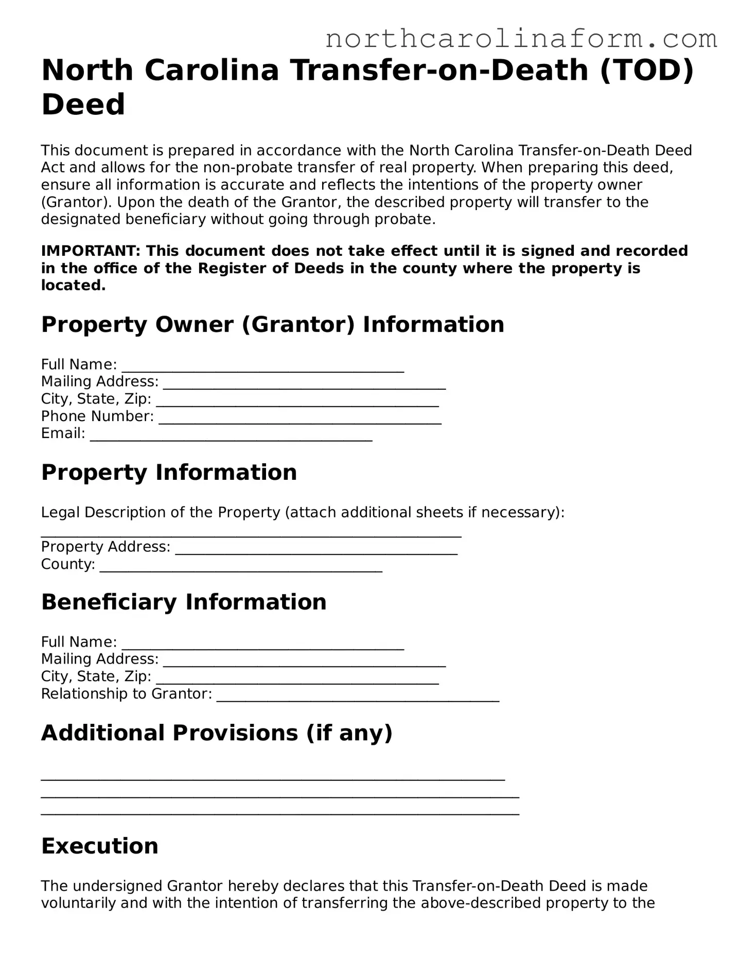Attorney-Approved Transfer-on-Death Deed Template for the State of North Carolina