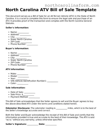 Attorney-Approved ATV Bill of Sale Template for the State of North Carolina