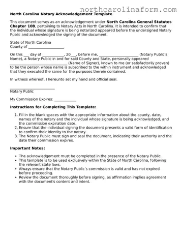 Attorney-Approved Notary Acknowledgement Template for the State of North Carolina