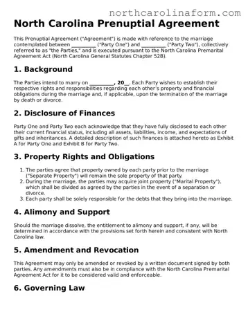 Attorney-Approved Prenuptial Agreement Template for the State of North Carolina